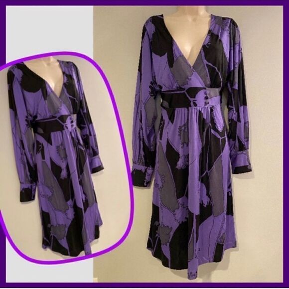 TIBI SILK V-NECK BOLD PRINT PURPLE BLACK DRESS M - Picture 1 of 14